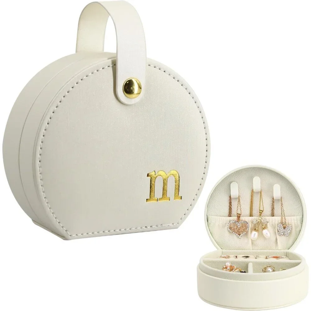Travel Jewelry Case Mini Organizer with Gold Monogram and Detachable Handle